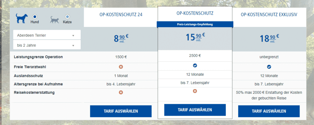 Tarife und varianten einer Hunde OP Versicherung